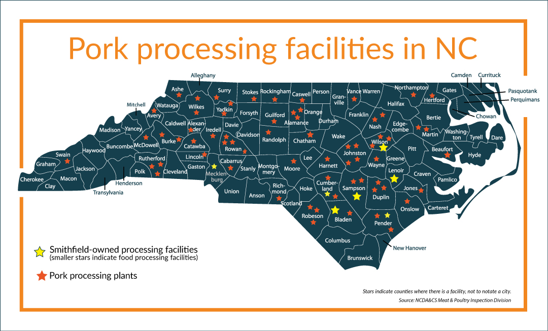 Map of pork processing facilities in North Carolina