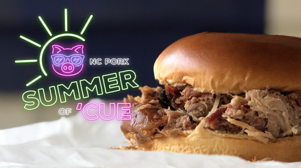 Summer of Cue logo and barbecue sandwich from Southern Smoke Barbecue in Garland, NC
